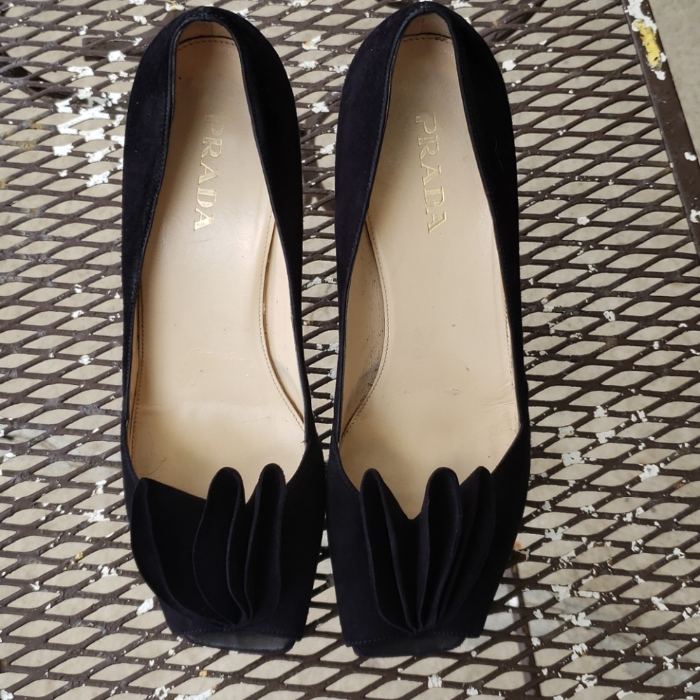 Prada Dark Navy Suede Open Toe Pumps
